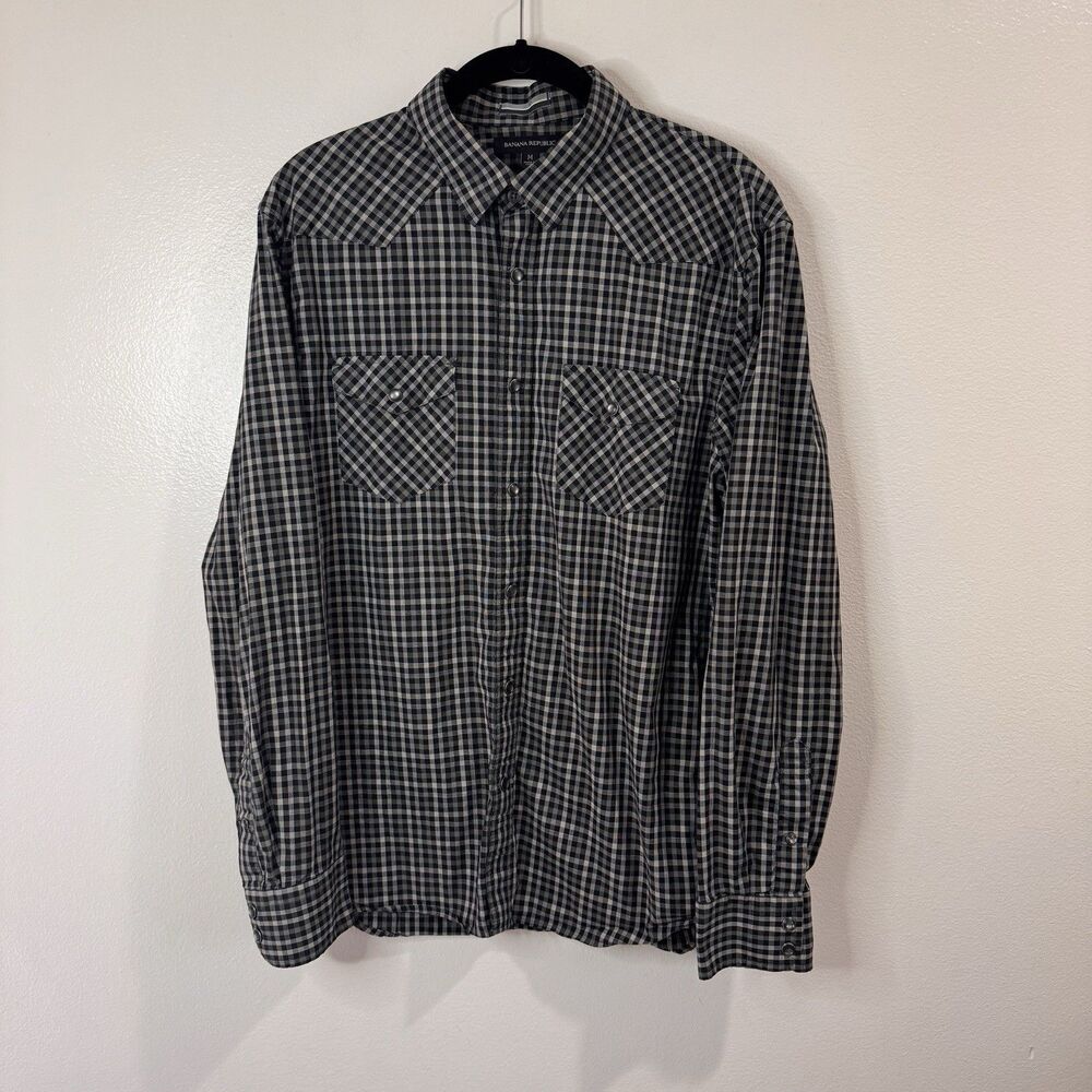 Banana Republic Shirt Mens M Button Front Pearl Snap Gingham Check Western Black